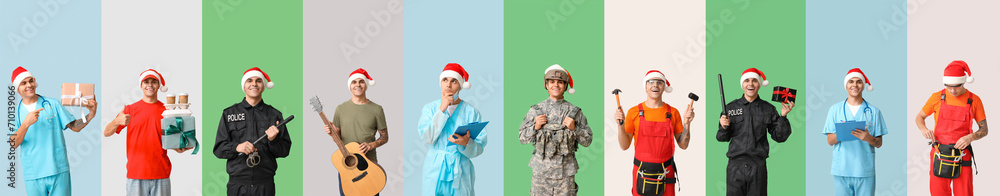 Collage of young man in uniforms of different professions on color background. Happy New Year and Christmas celebration - obrazy, fototapety, plakaty 