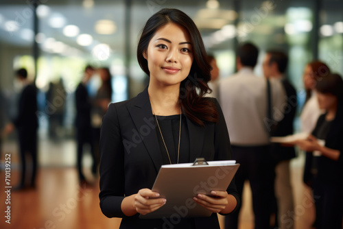 Woman in business suit holding clipboard. Suitable for business presentations and office-related themes.