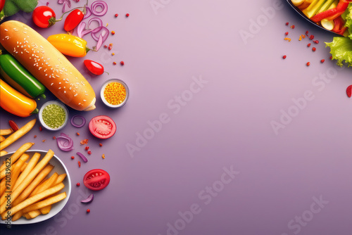 Fast food banner with hot dog vegetables and French fries