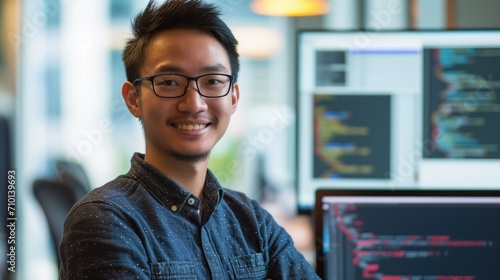 Cheerful Asian software developer in glasses and denim shirt working at his desk with multiple computer screens, exuding professionalism and expertise photo
