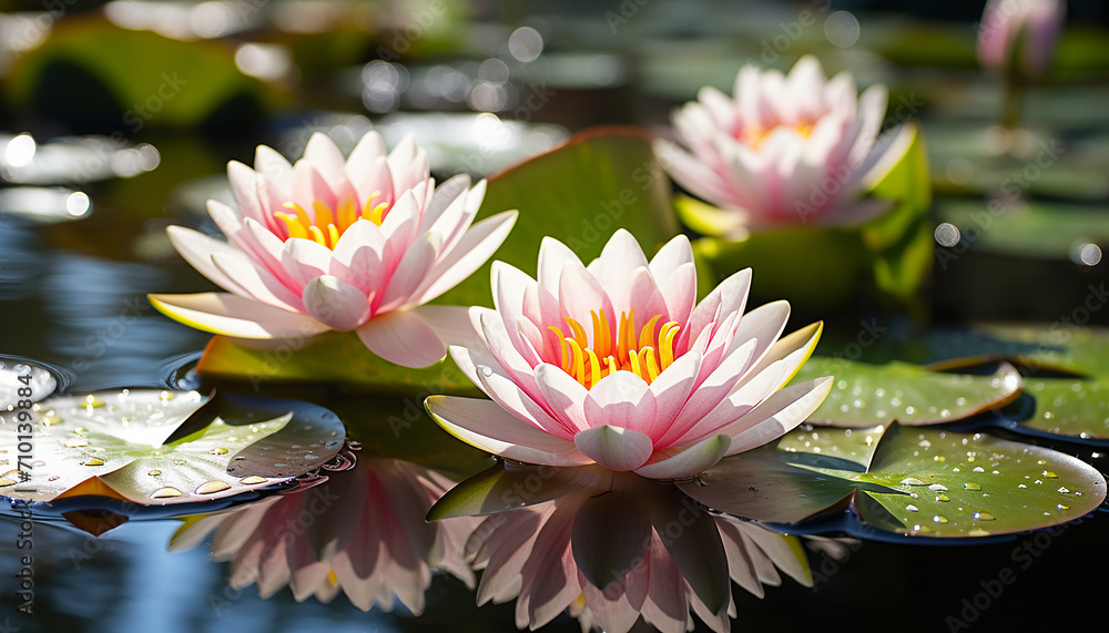 Beautiful lotus flower floating on tranquil pond water generated by AI