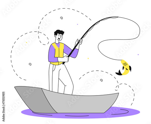 Fisherman at boat vector linear concept