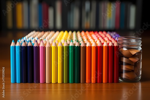 Vibrant colored pencils neatly arranged on a desk with a ruler and eraser in the center photo