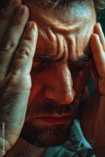 A close-up of a man holding his head in his hands. This image can be used to depict stress, frustration, or emotional distress © Fotograf