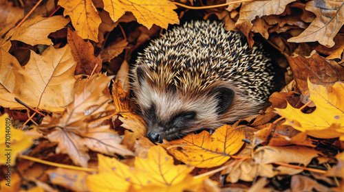 Hedge is curled up in pile of leaves. Perfect for autumn-themed designs and nature-related projects.