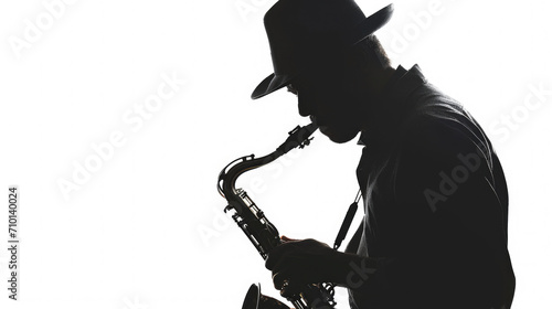 Silhouette of man playing saxophone. Perfect for jazz enthusiasts and music-themed designs. photo