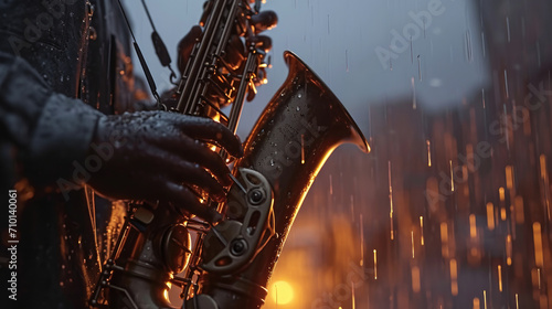 Person playing saxophone in rain. Perfect for capturing beauty of music and nature in harmony.