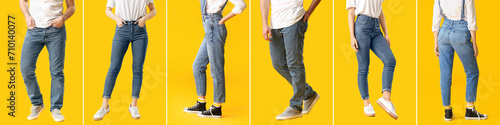 Collage of young man and woman in stylish jeans pants on yellow background photo