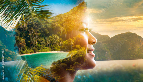 Side profile of a woman's face with a double exposure with a summer tropical landscape. Realistic portrait with soft light that makes you dream of travelling. Useful for promoting holidays. © Patrick