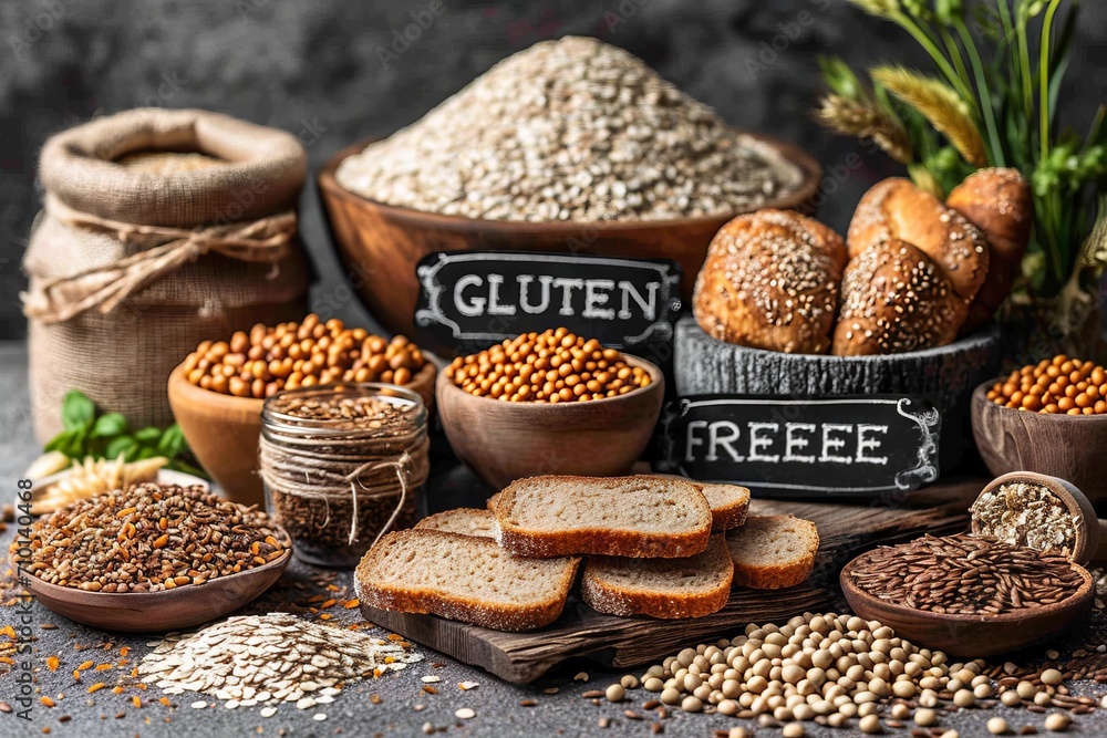 Bread with various ingredients and the inscription "gluten free". Background with text. Concept: organic and natural product, food with substitutes. Banner
 - obrazy, fototapety, plakaty 