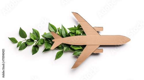 Cardboard cutout of an airplane and leaves. Concept of Sustainable Aviation Fuel (SAF) and Aviation Biofuel. Reducing the Carbon Footprint within the environmental impact of aviation. photo