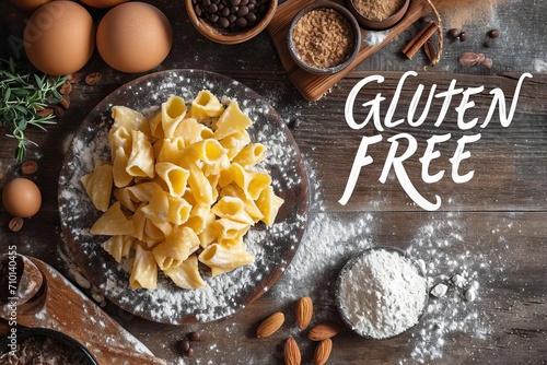 Pasta with spices and the inscription "gluten free". Background with text. Concept: organic and natural product, food with substitutes. Banner 