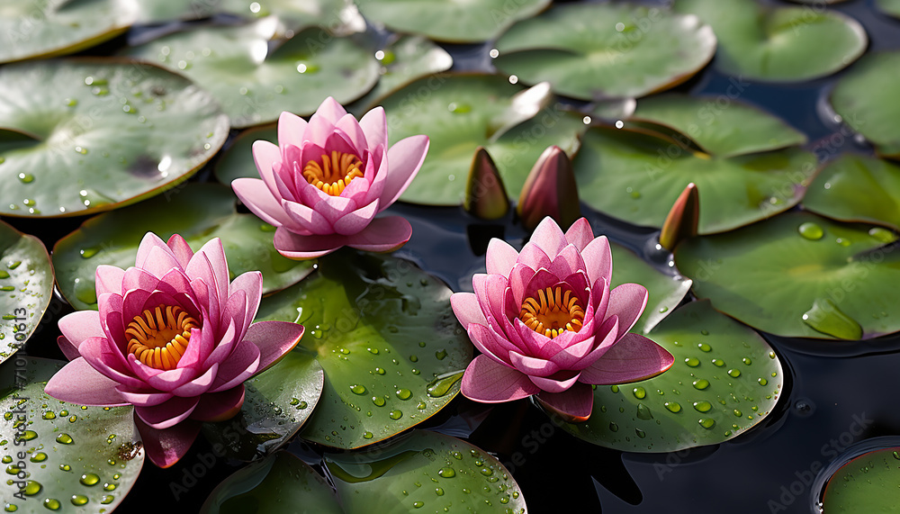 Beautiful pink lotus flower floating on tranquil water generated by AI Beautiful pink lotus flower floating on tranquil water generated by AI