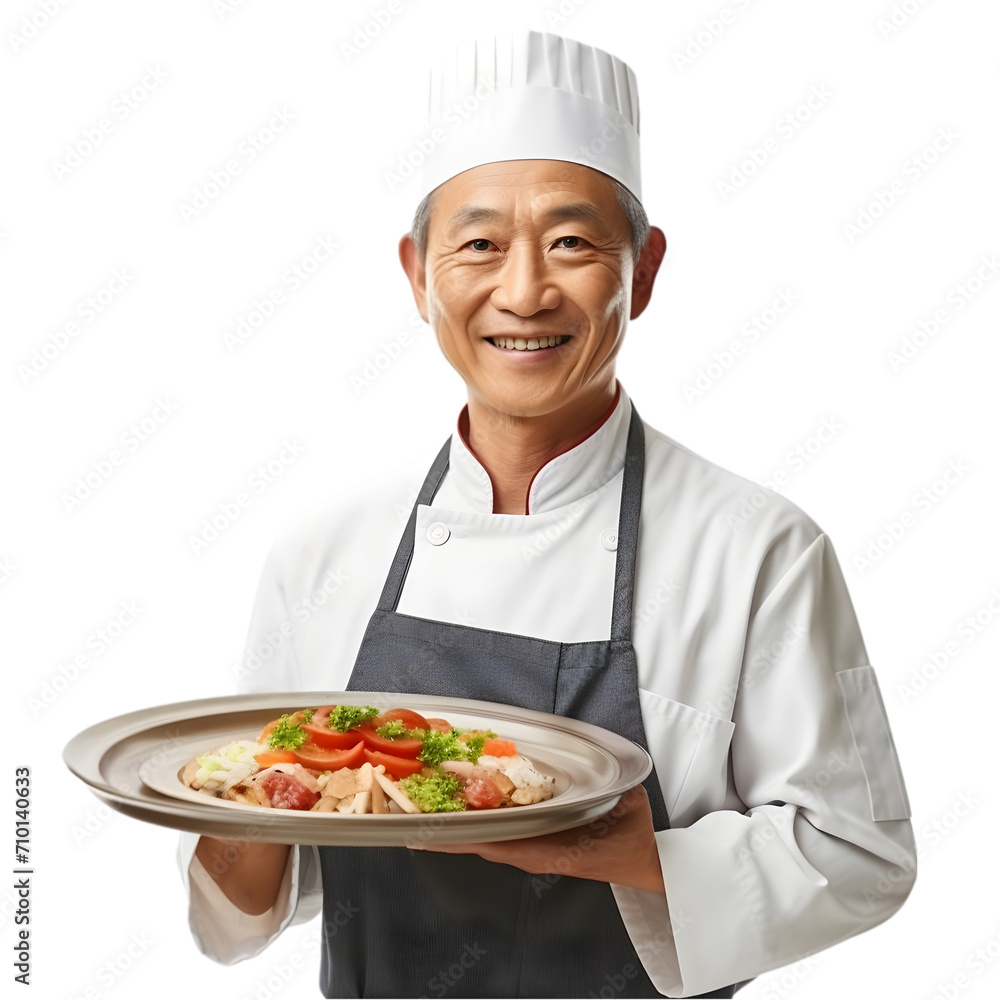 Cheerful mature Asian cook man posing holding a tray with cake and smiling at camera, chef in an apron png format on transparent background Fictional Person, Generative AI Cheerful mature Asian cook man posing holding a tray with cake and smiling at camera, chef in an apron png format on transparent background Fictional Person, Generative AI