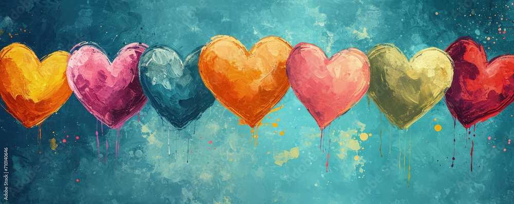 pintura de un grupo de corazones de diferentes colores, sobre fondo de pared azul  - obrazy, fototapety, plakaty 