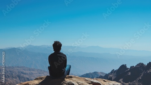 person sitting on a rock, observing a distant mountain range under a clear blue sky generative ai