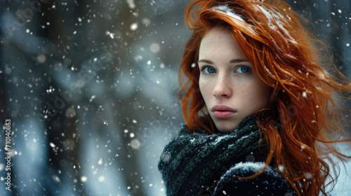 Woman with red hair standing in snow. This image can be used to depict winter, cold weather, or solitude.