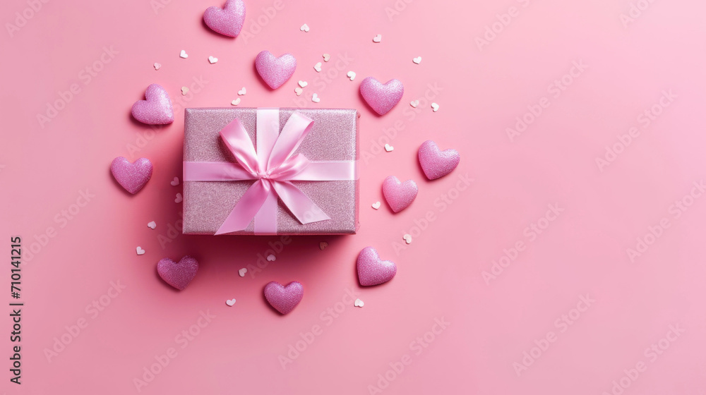 Valentine's day background with hearts and gift box on pink