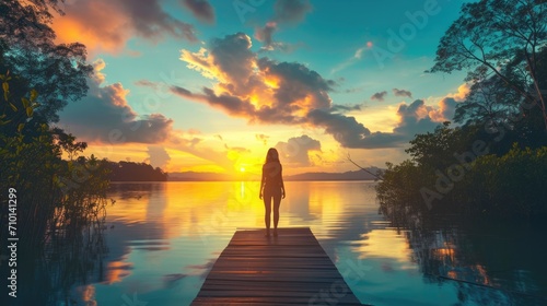 woman standing on a boardwalk  enjoying a peaceful lakeside sunset generative ai