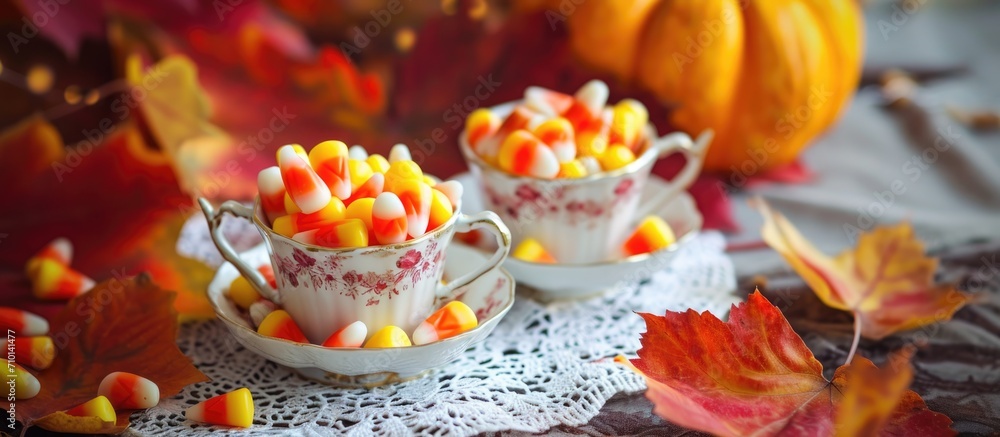 Fall candy corn in cups with autumn leaves on lace doily.