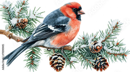 Bird sitting on branch of pine tree. Suitable for nature-themed designs and publications.