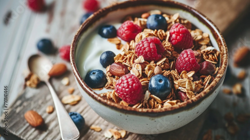 Delicious bowl of yogurt topped with fresh berries and crunchy granola. Perfect for healthy breakfast or snack. photo