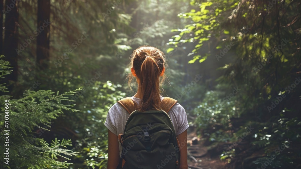 Back view of a woman with a ponytail, hiking through a dense forest with dappled sunlight generative ai Back view of a woman with a ponytail, hiking through a dense forest with dappled sunlight generative ai