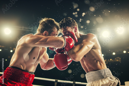 Strong muscular athletic boxers fight in the ring at an international match. © alisluch