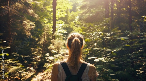 Back view of a woman with a ponytail, hiking through a dense forest with dappled sunlight generative ai