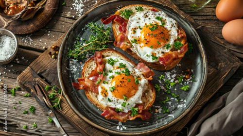 Delicious breakfast featuring two eggs on toast topped with crispy bacon and garnished with fresh parsley. Perfect for hearty morning meal or brunch.