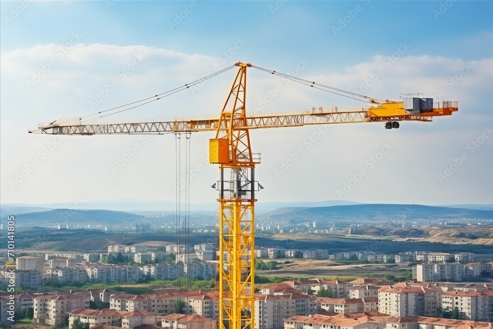 Close-up of construction of multi-storey building using cranes on a bright sunny day