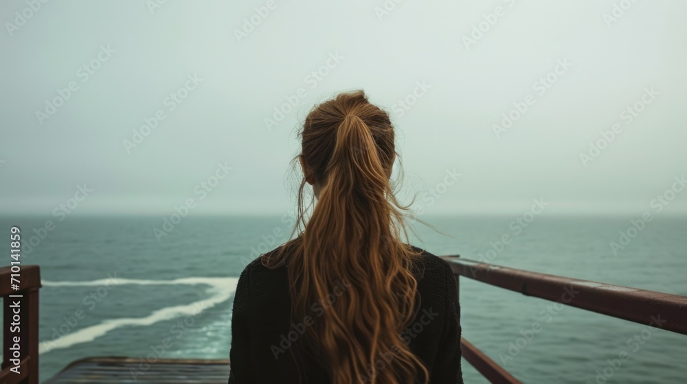 Back view of a woman with long hair, standing on a pier and looking out at a calm sea generative ai Back view of a woman with long hair, standing on a pier and looking out at a calm sea generative ai