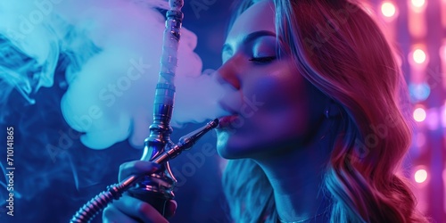 Woman smoking a hookah, perfect for lifestyle and leisure concepts