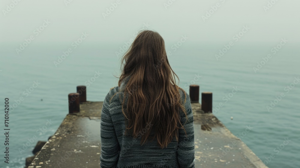 Back view of a woman with long hair, standing on a pier and looking out at a calm sea generative ai