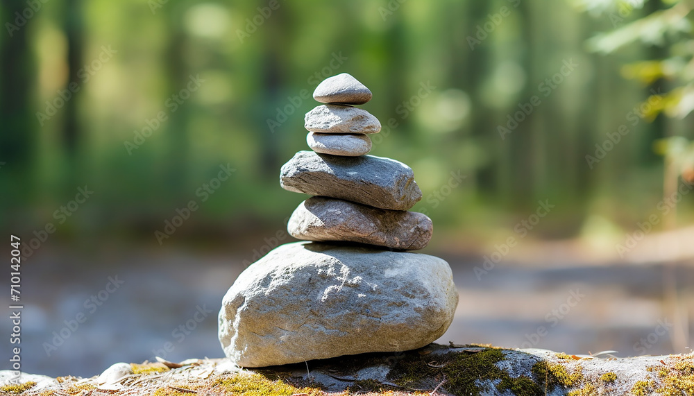 A tranquil scene of stacked stones in nature generated by AI