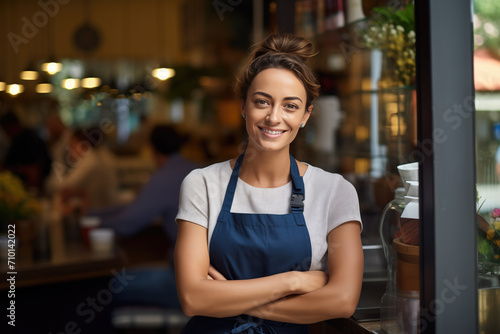 Small Business Owner Woman Standing in Front of a Cafe Restaurant  photo
