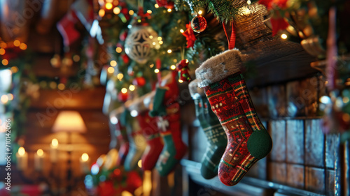 Bunch of stockings hanging from fireplace. Perfect for Christmas decorations and holiday themes.