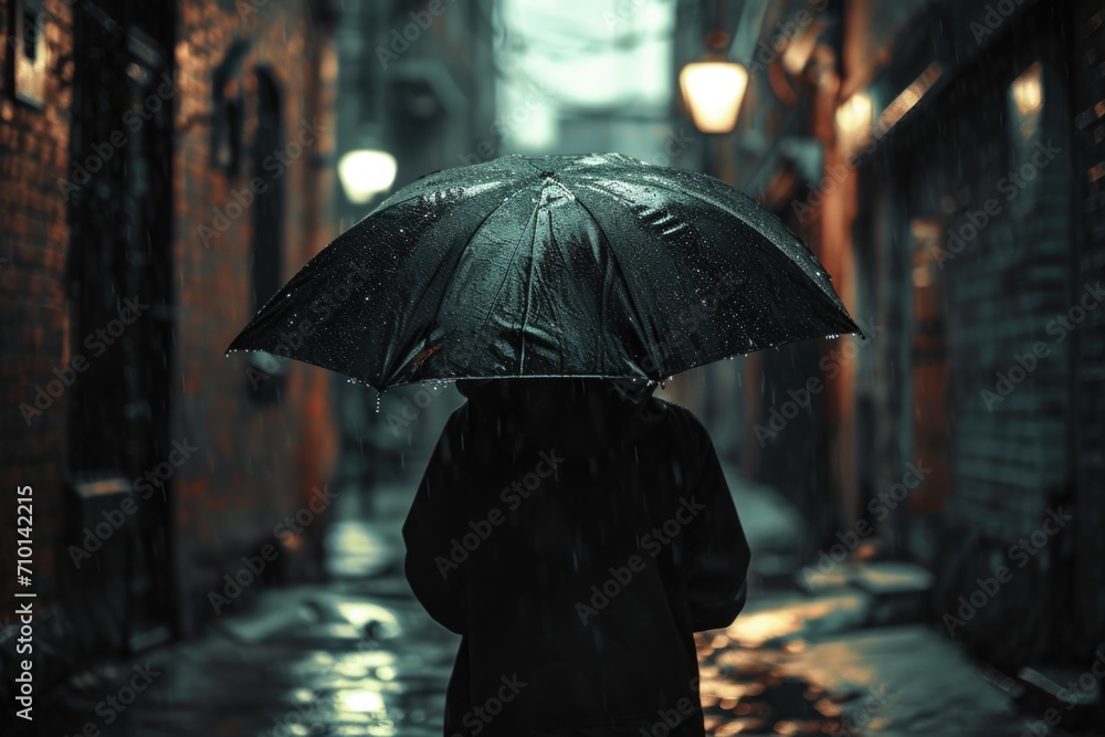 A person standing in the rain, holding an umbrella. Perfect for illustrating protection from the elements. - obrazy, fototapety, plakaty 
