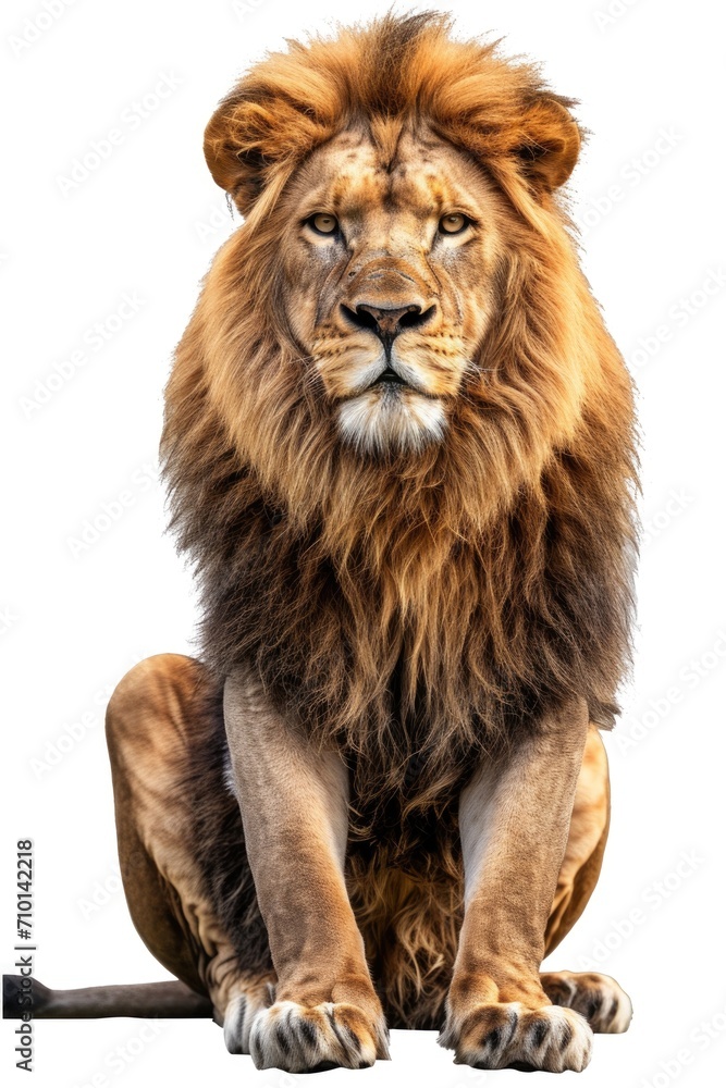 Obraz premium A lion sitting on the ground and staring directly at the camera. Suitable for wildlife photography or animal-themed designs