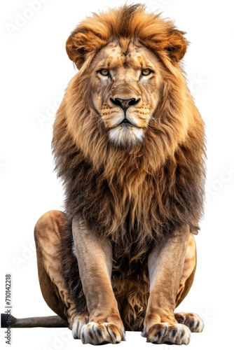 A lion sitting on the ground and staring directly at the camera. Suitable for wildlife photography or animal-themed designs © Fotograf