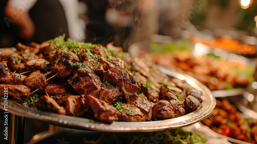 Fototapeta Naklejka Na Ścianę i Meble -  This appetizing image features a plate of perfectly grilled meat, elegantly displayed on a wedding or restaurant buffet, promising a delightful culinary experience for attendees.