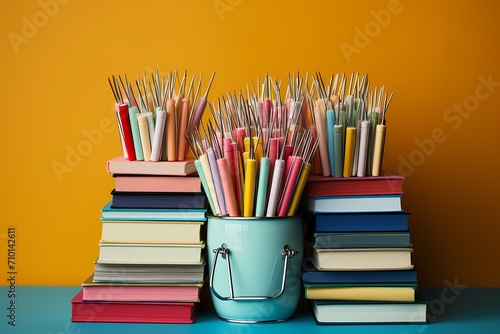 Well-composed image showcasing school textbooks and paper clips on a pastel yellow tabletop
