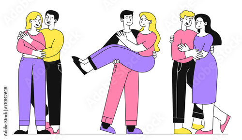 Love couple hug vector set linear