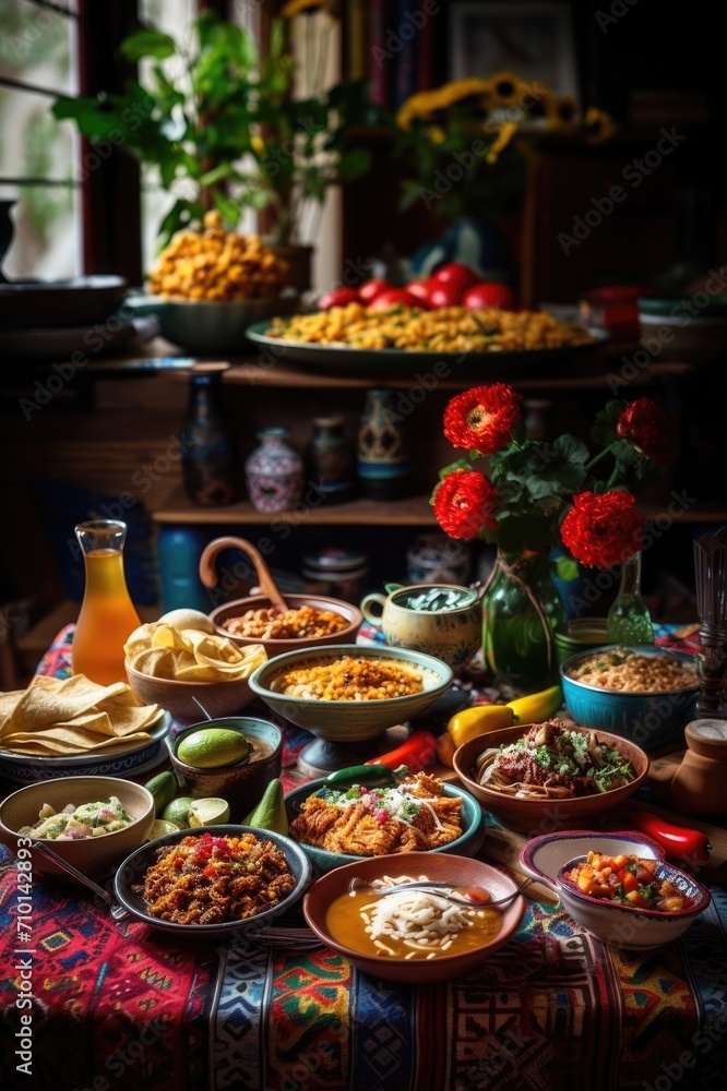 Mexican food decorated table in a restaurant