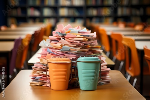 Well-composed image showcasing school textbooks and paper clips on a pastel orange tabletop