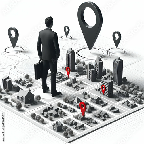 Business Geofencing Proximity Marketing Technology. Man Standing on a Map with Location Pointers and 3D Buildings from GPS & Geo Targeting. Monitoring Nearby Location Customers, Promotion Notification photo