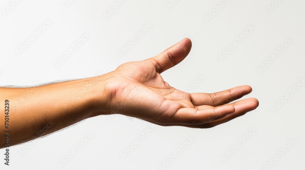 Close-up of an outstretched hand, fingers spread, isolated white background generative ai
