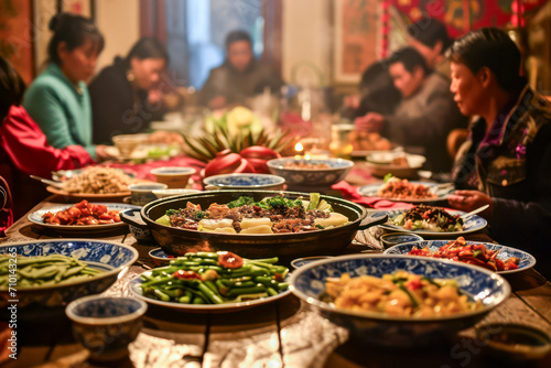 Chinese family enjoying New Year's Eve dinner together photo