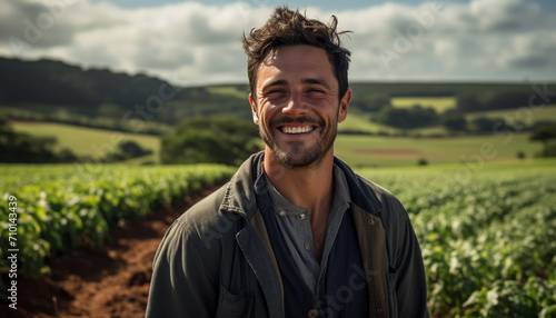 Smiling farmer in nature, confident and happy generated by AI