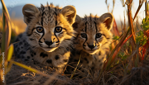 Cute cheetah cub hiding in grass, looking playful generated by AI photo